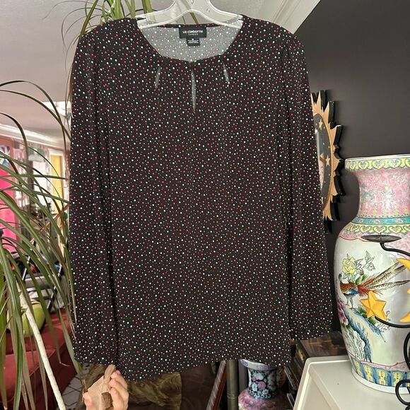 Liz Claiborne Women’s Size Medium Black White Dotted Keyhole Pullover Blouse - Picture 13 of 14